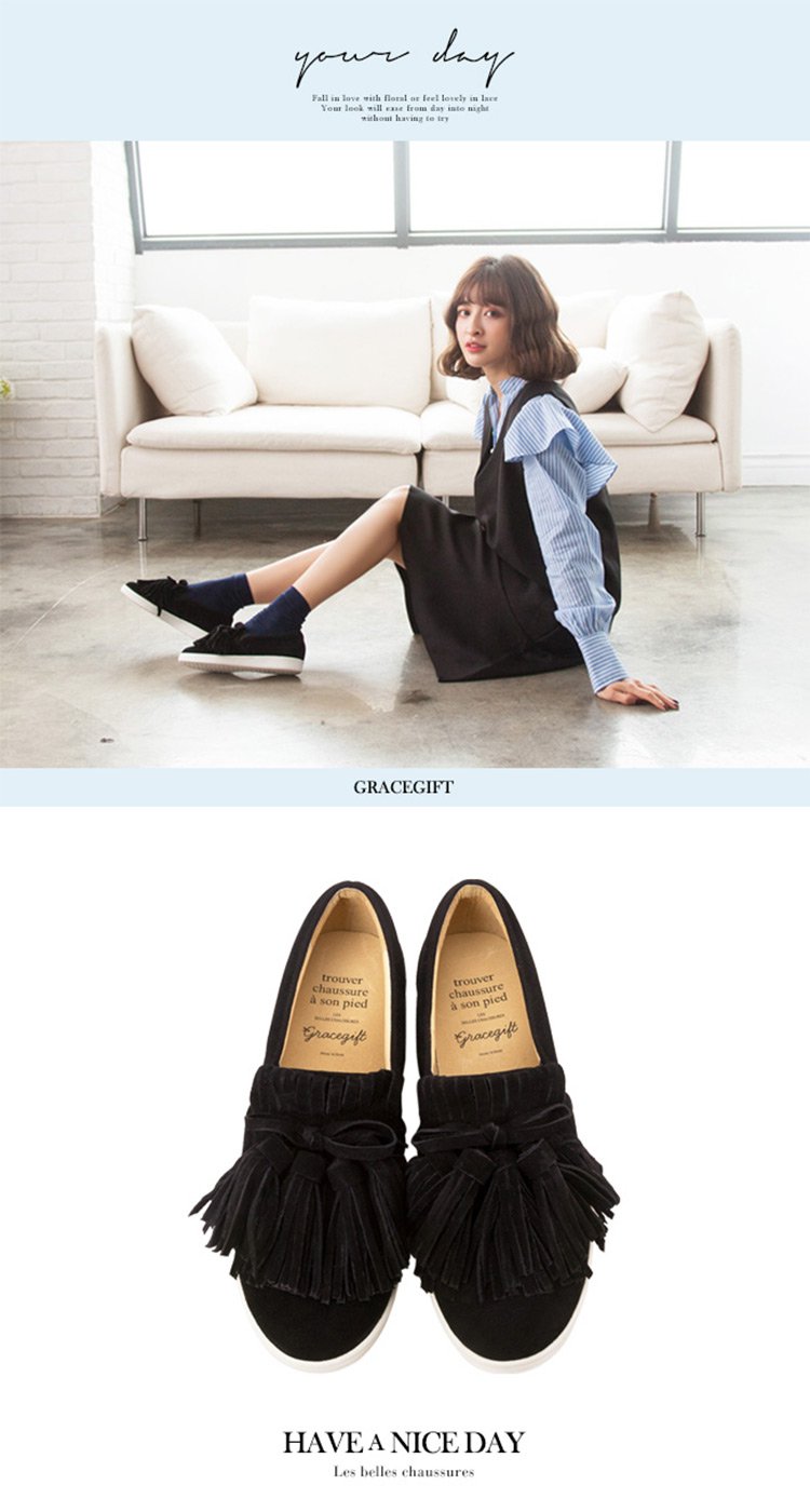 gracegift迪士尼小白鞋专场2017牛二层皮流苏平跟休闲