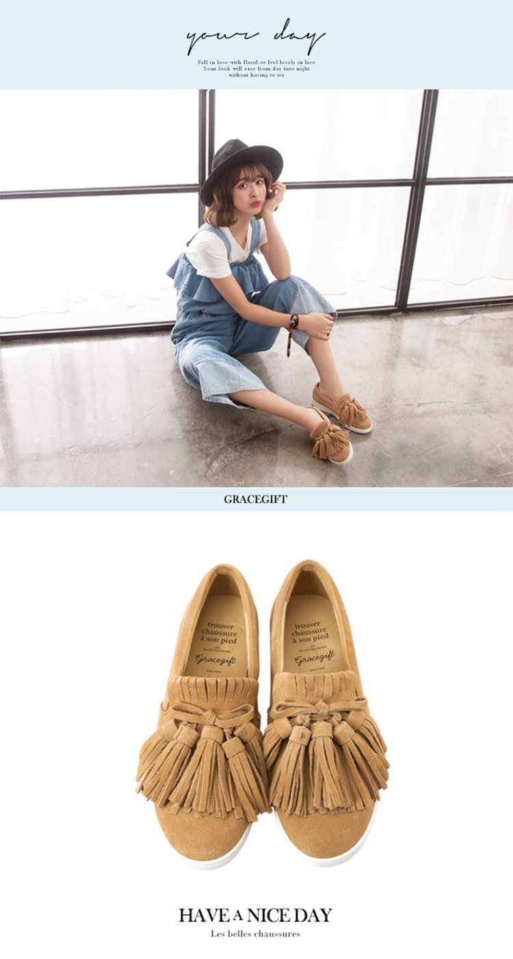 gracegift迪士尼小白鞋专场2017牛二层皮流苏平跟休闲