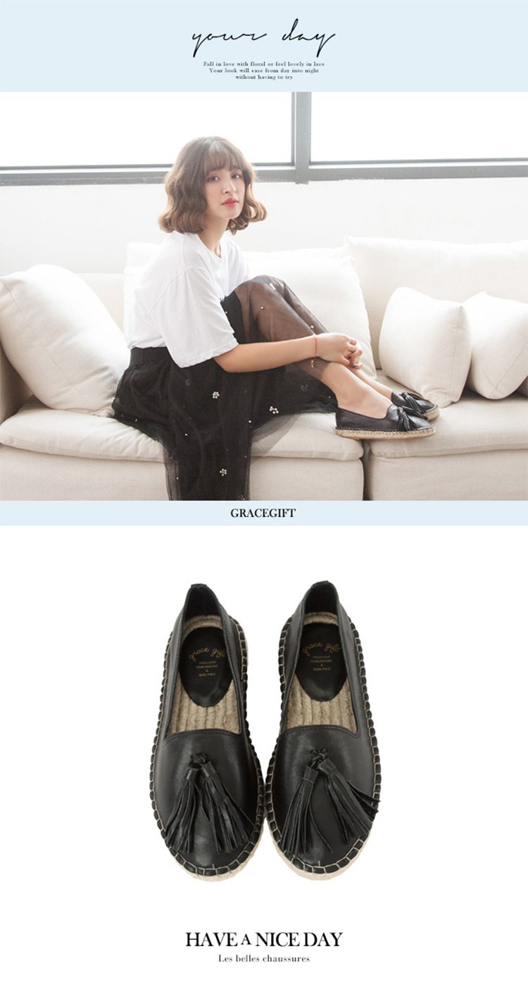 gracegift女鞋清仓专场2017头层牛皮麻底流苏平跟休闲