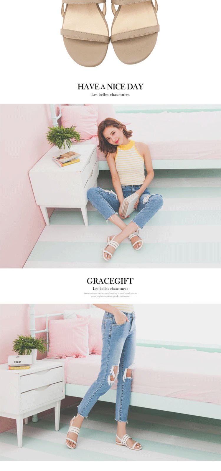 gracegift2017新款平跟一字带玛丽珍女凉鞋7sgsfa0838