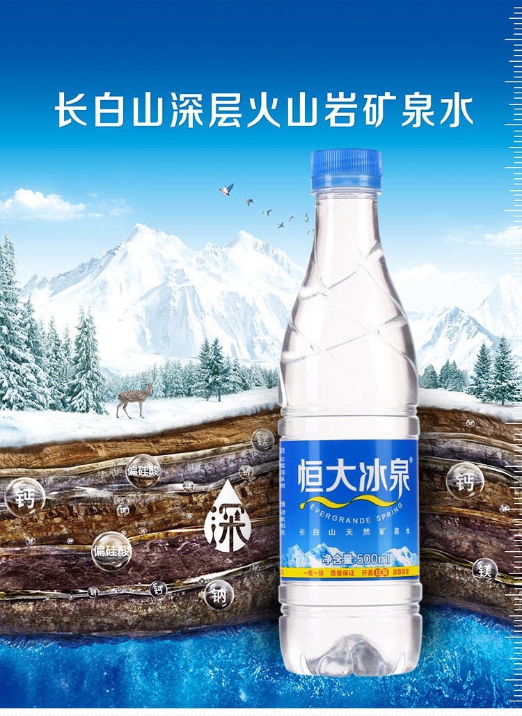 恒大冰泉 长白山天然矿泉水500ml*12塑料装