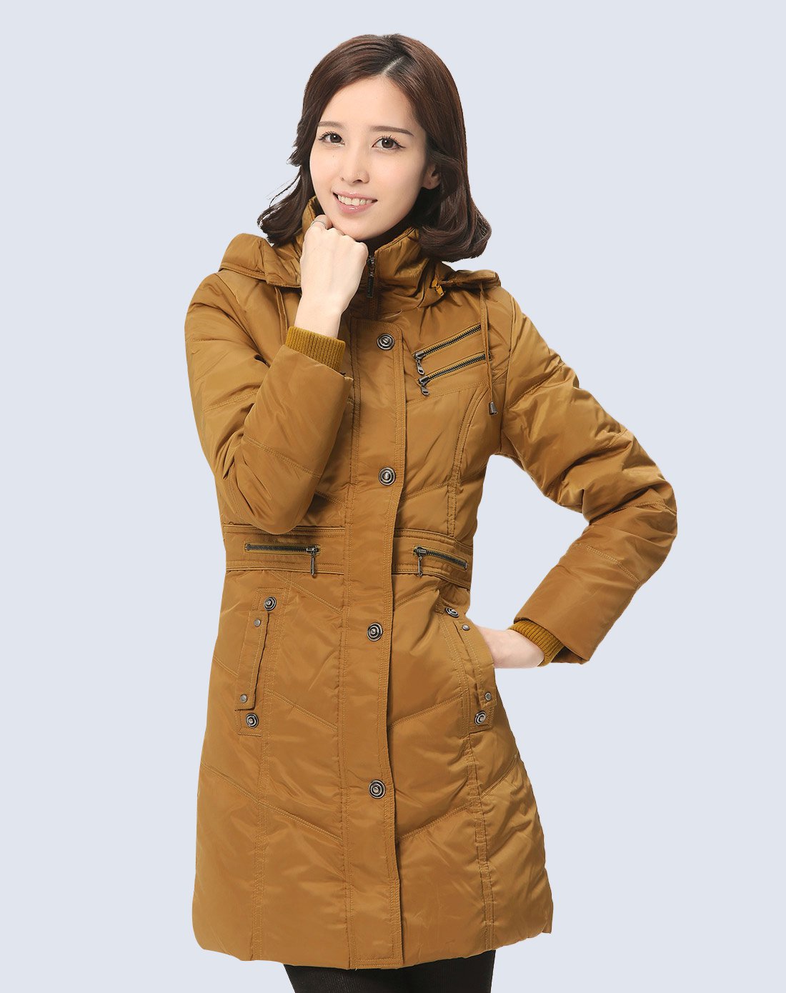 女款土黄色百搭斯文长袖羽绒服