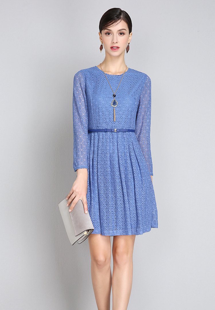 蓝色优雅气质长袖连衣裙