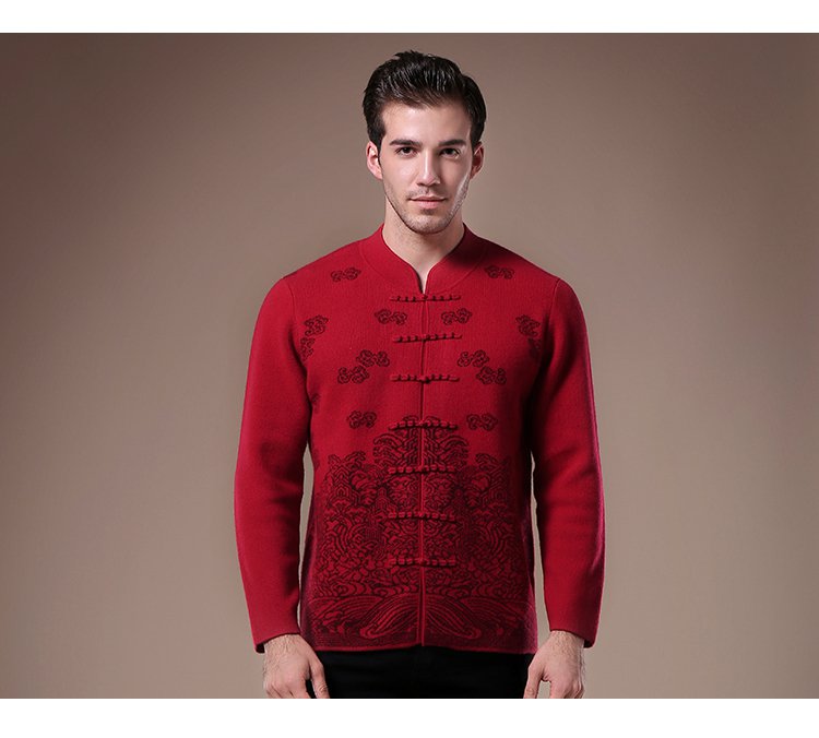 男款中国风中式领100%纯羊绒开衫 男式毛衣