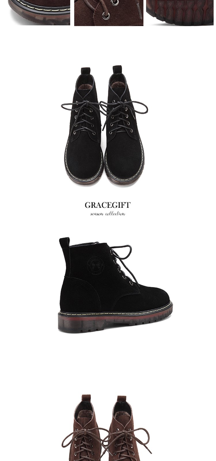 迪士尼联名gracegift鞋包专场加绒保暖素面轻底绑带百搭女靴马丁靴6a
