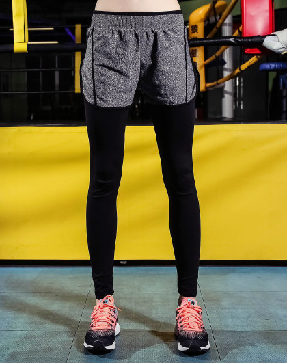 女士运动长裤短裤假二件速干显瘦瑜伽训练健身房跳操跑步紧身裤