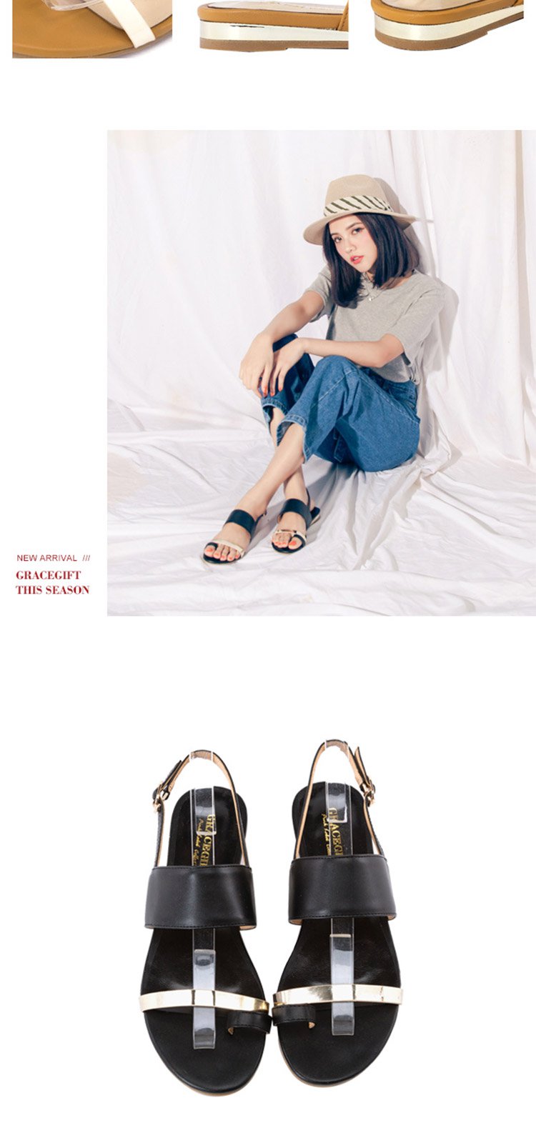 gracegift夏季新品一字带套趾平底女凉鞋8sgsf84b200