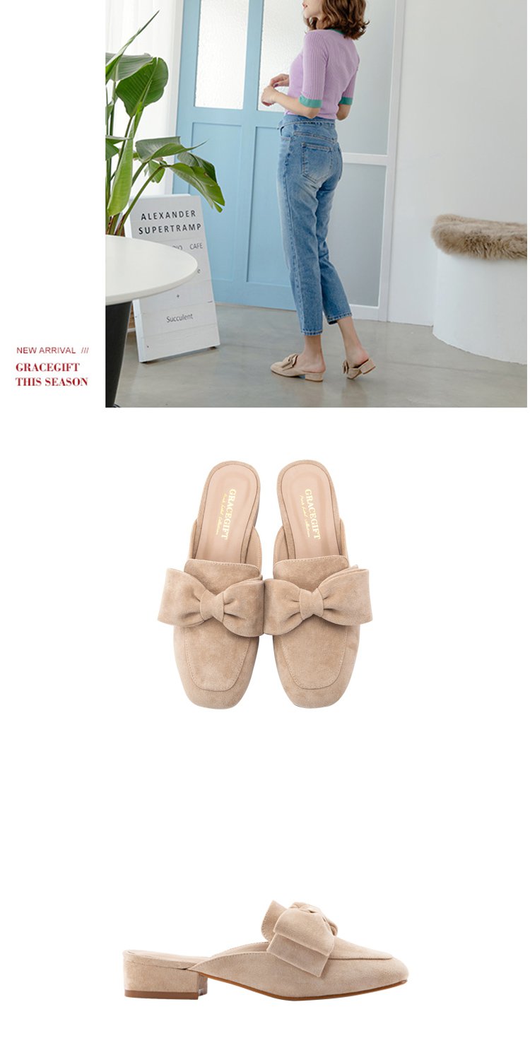 gracegift女鞋特卖旗舰店新品蝴蝶结穆勒鞋高跟女士凉
