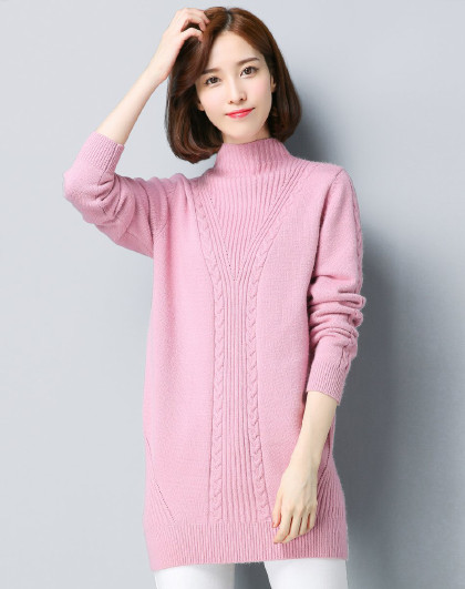 女款时尚简约不同纹理编织中高领中长款女式针织衫毛衣