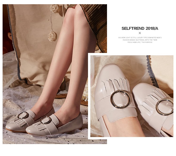 2017单鞋女圆扣流苏英伦百搭平跟休闲百搭浅口平底鞋