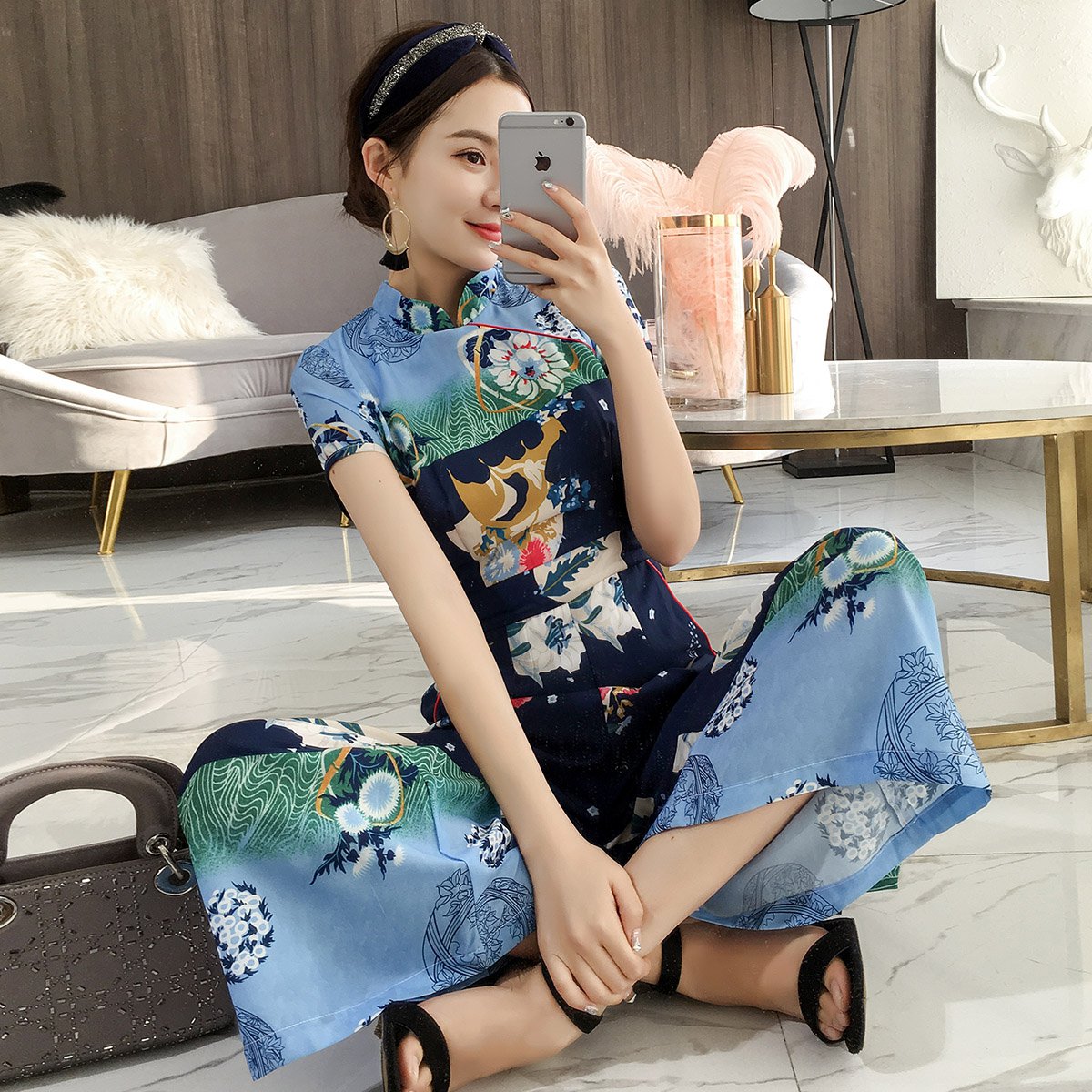 旗袍夏季2019新款中国风女裤复古民族风连体裤改良唐装裤子