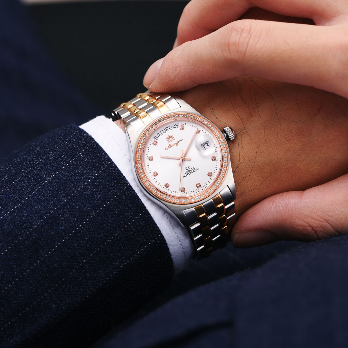 名爵 经典款时尚皓石表圈钢带瑞士制造自动机械男士手表
