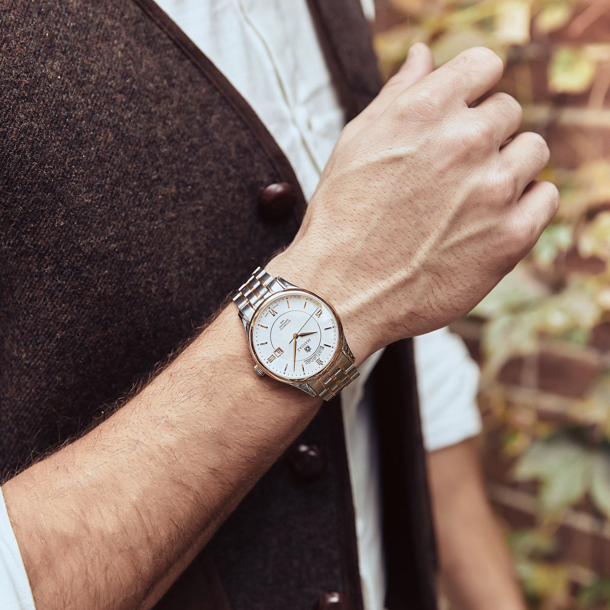 名爵专柜同款瑞士机械男士手表双历显示镀金防水机械表男士手表
