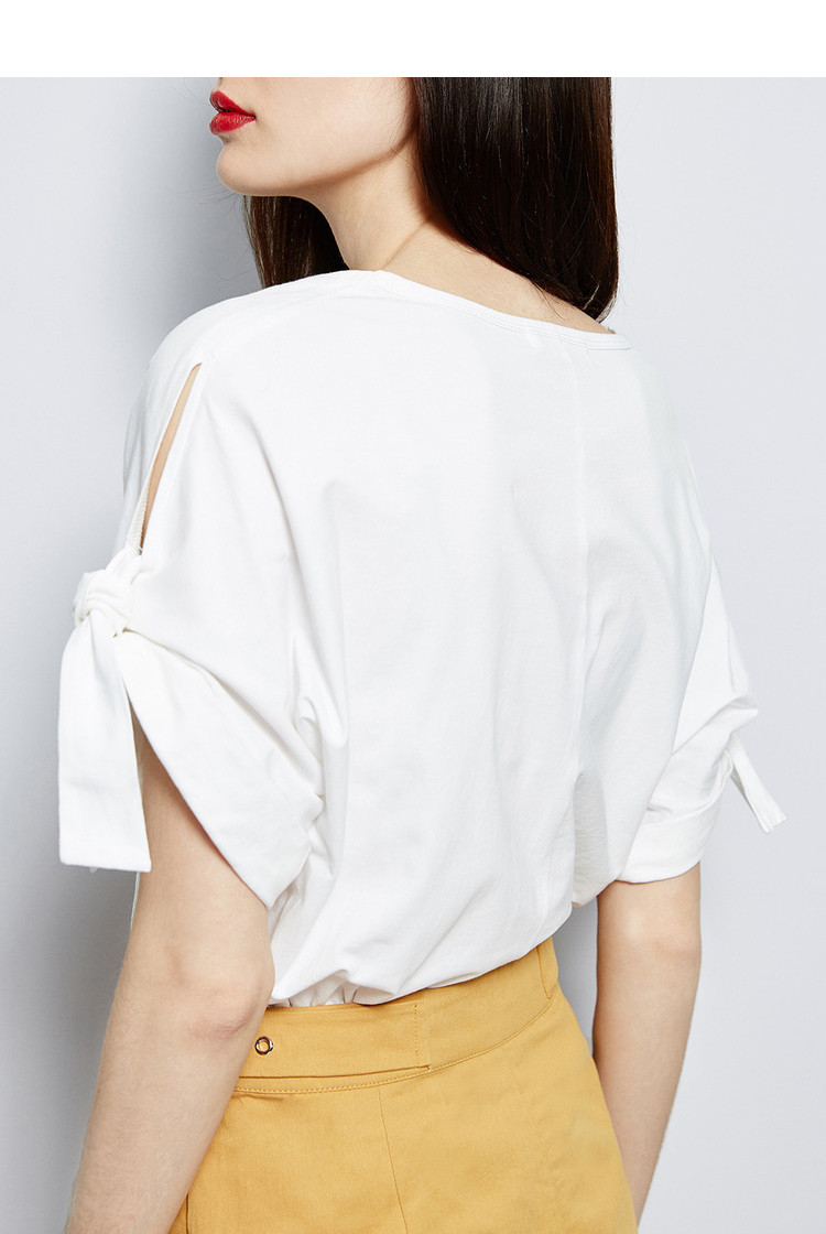 2019夏季新款女士t恤蝴蝶结绑带袖口圆领百搭短袖t恤女