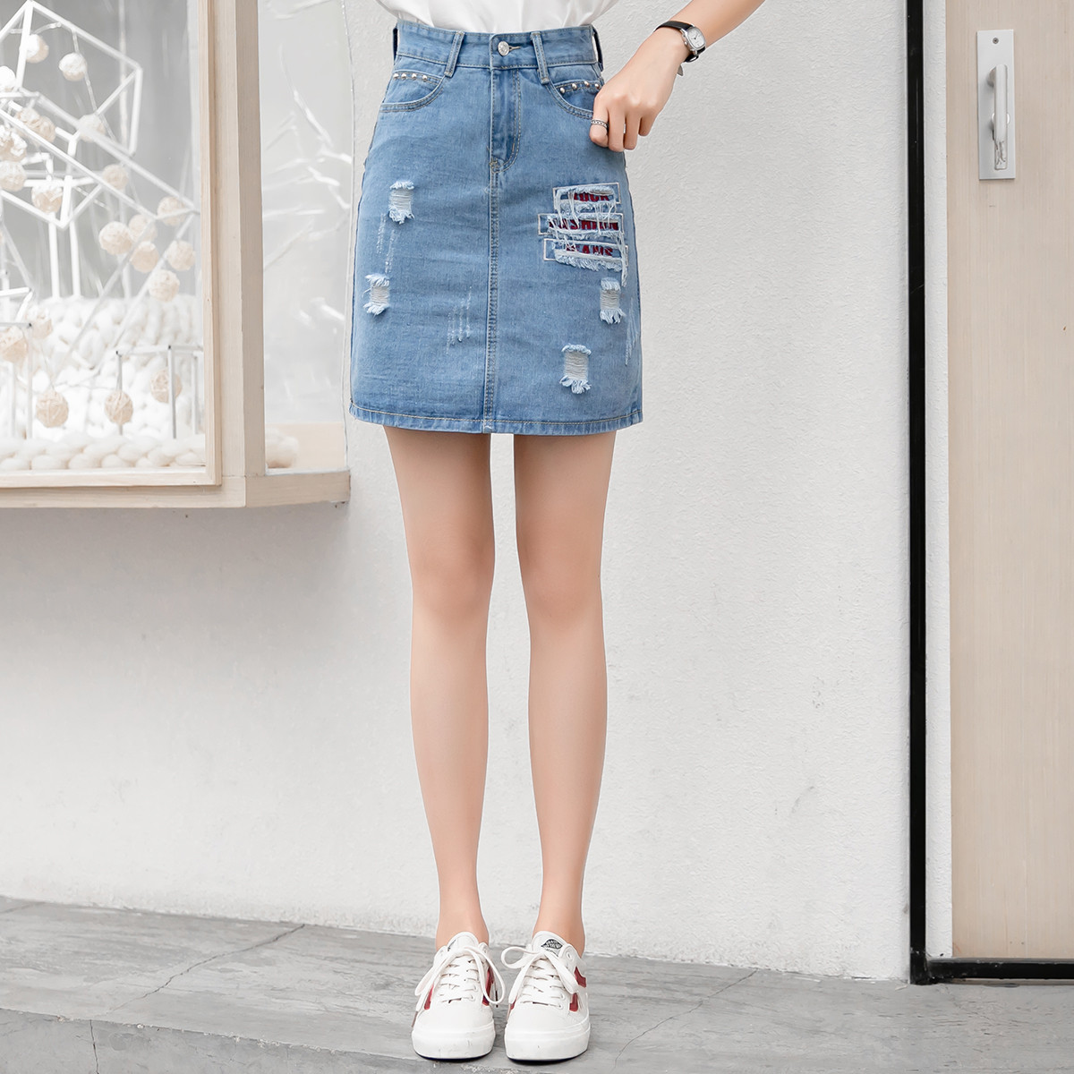 2019新款夏季破洞女装牛仔裙子a字半身裙