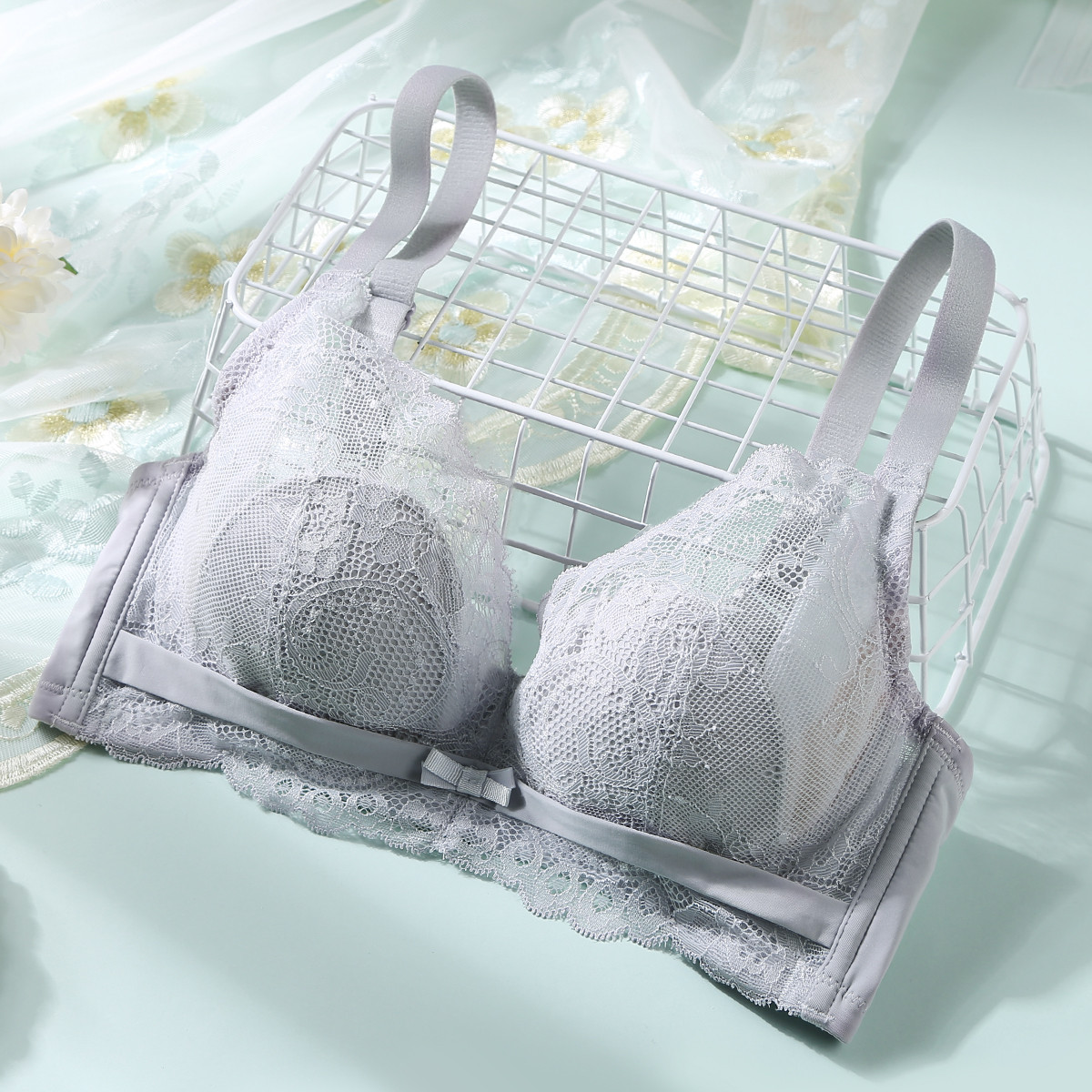 润微蝉翼杯大胸显瘦透气蕾丝薄杯内衣情趣性感软钢圈女士文胸
