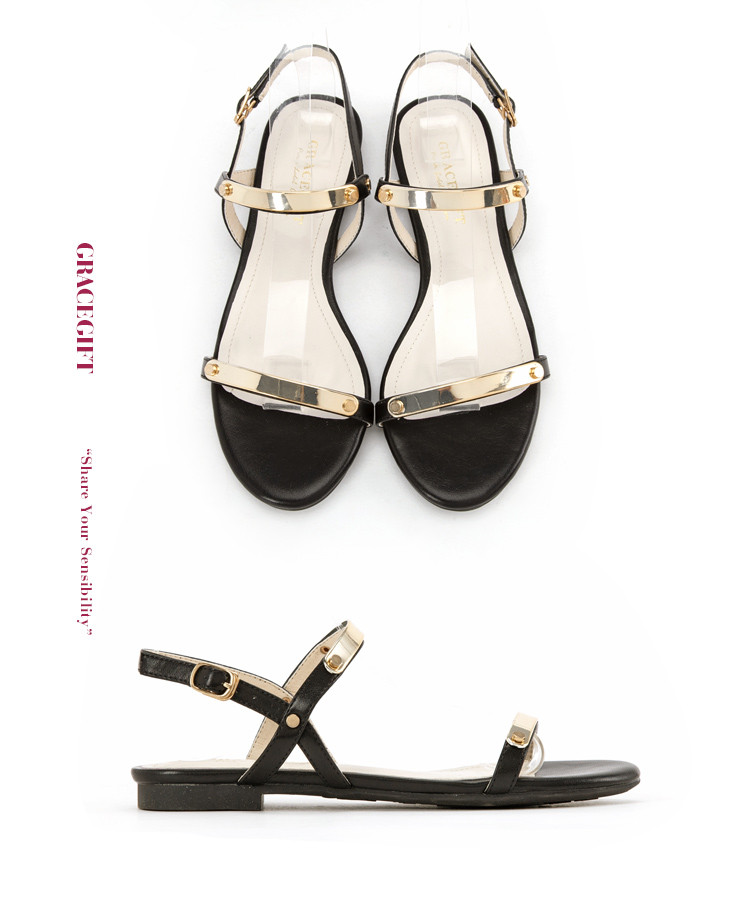 gracegift2019夏季新款一字带金属条平底女鞋女士凉鞋