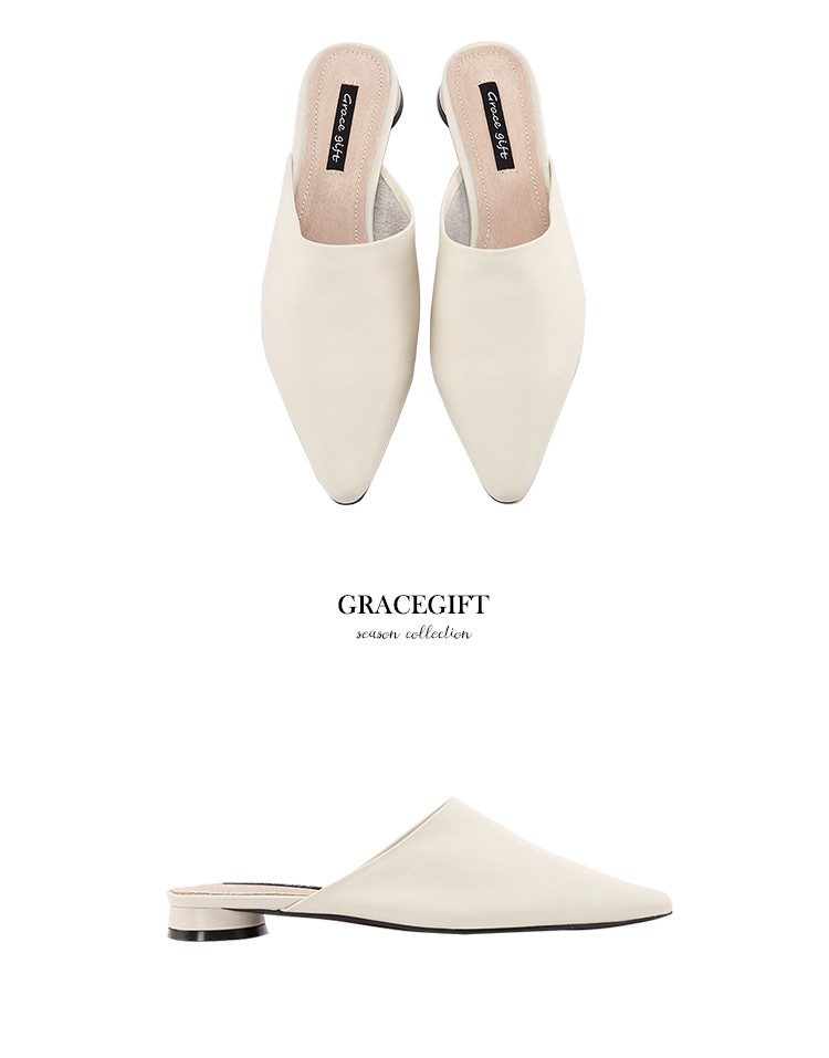 gracegift2019秋季新款尖头牛皮穆勒鞋低跟拖鞋休闲单