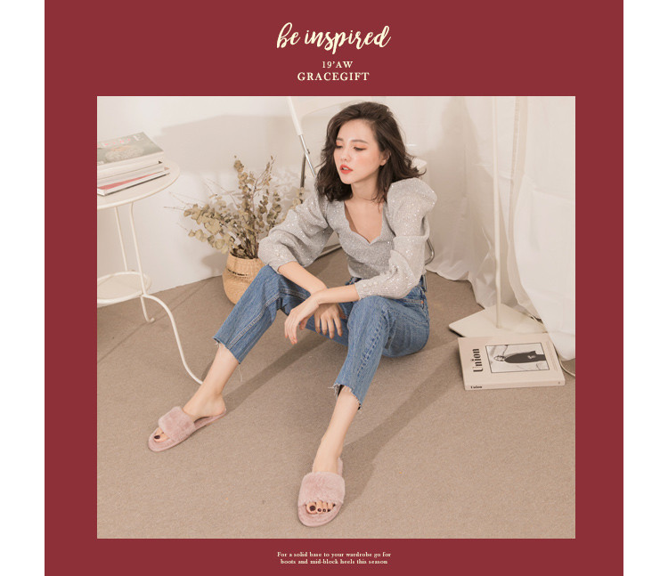 gracegift秋冬新款新品一字宽版室内拖毛毛拖鞋平底女鞋19f1014i0c