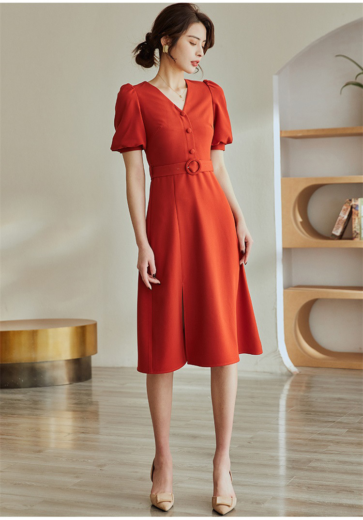 罗衣2021夏装新款气质灯笼袖a摆中长裙子橘红色连衣裙