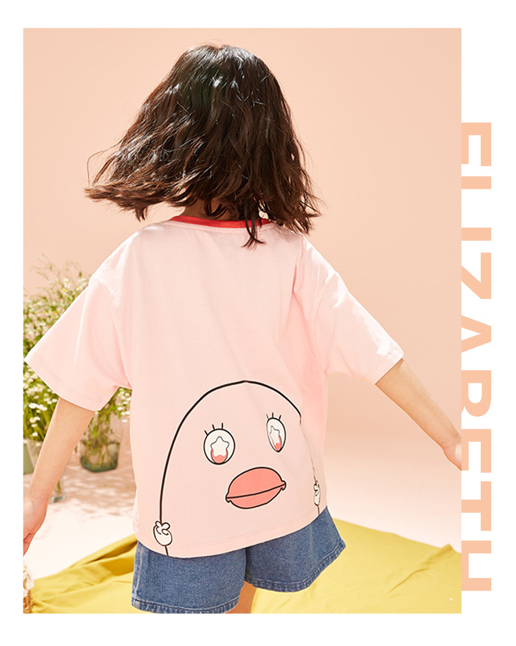 女童短袖2021春夏新款女童t恤后背可爱卡通印花儿童t恤短袖