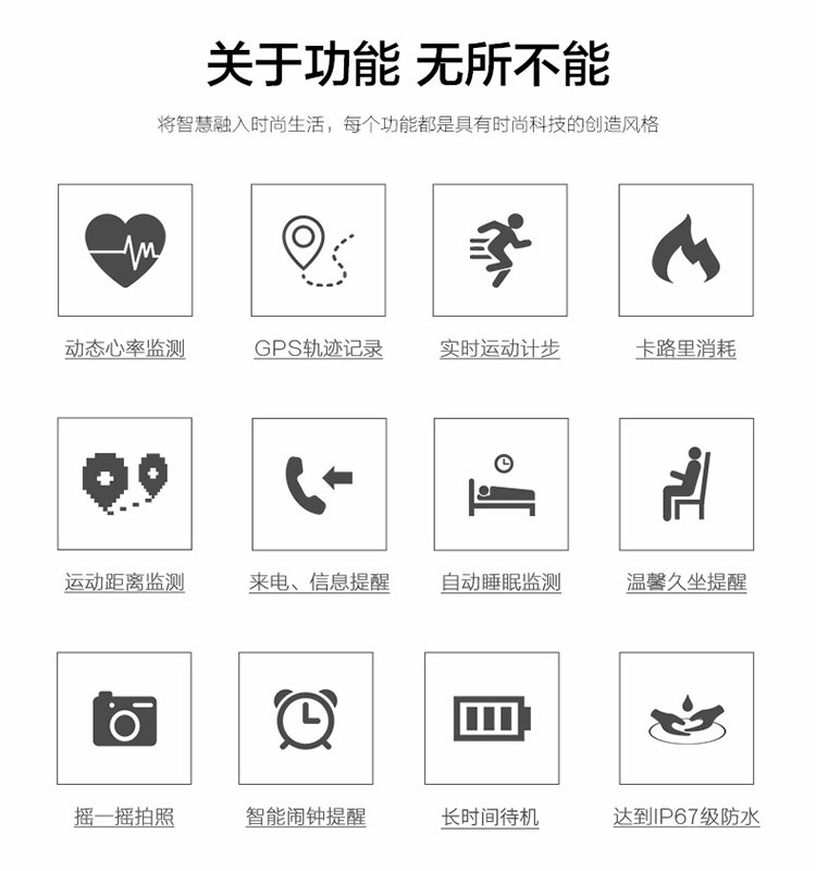 辅助实时心率监测 gps运动轨迹 来电消息震动提醒 智能运动手环