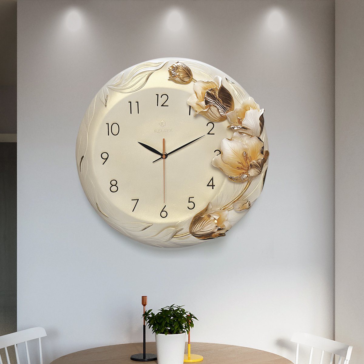 现代创意手绘时钟温馨郁金香钟表 立体浮雕艺术钟 客厅挂钟