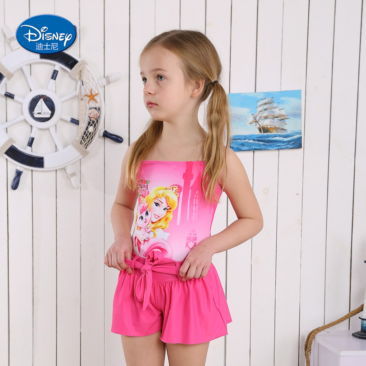 迪士尼disney公主系列连体裙式泳衣女童可爱三角泳衣中大童