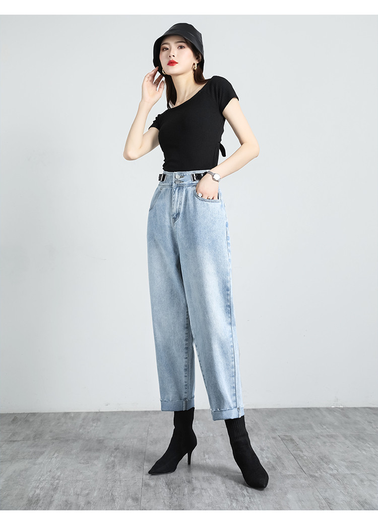 时尚休闲牛仔裤女夏季薄款直筒裤bf风高腰垂感哈伦老爹裤子女
