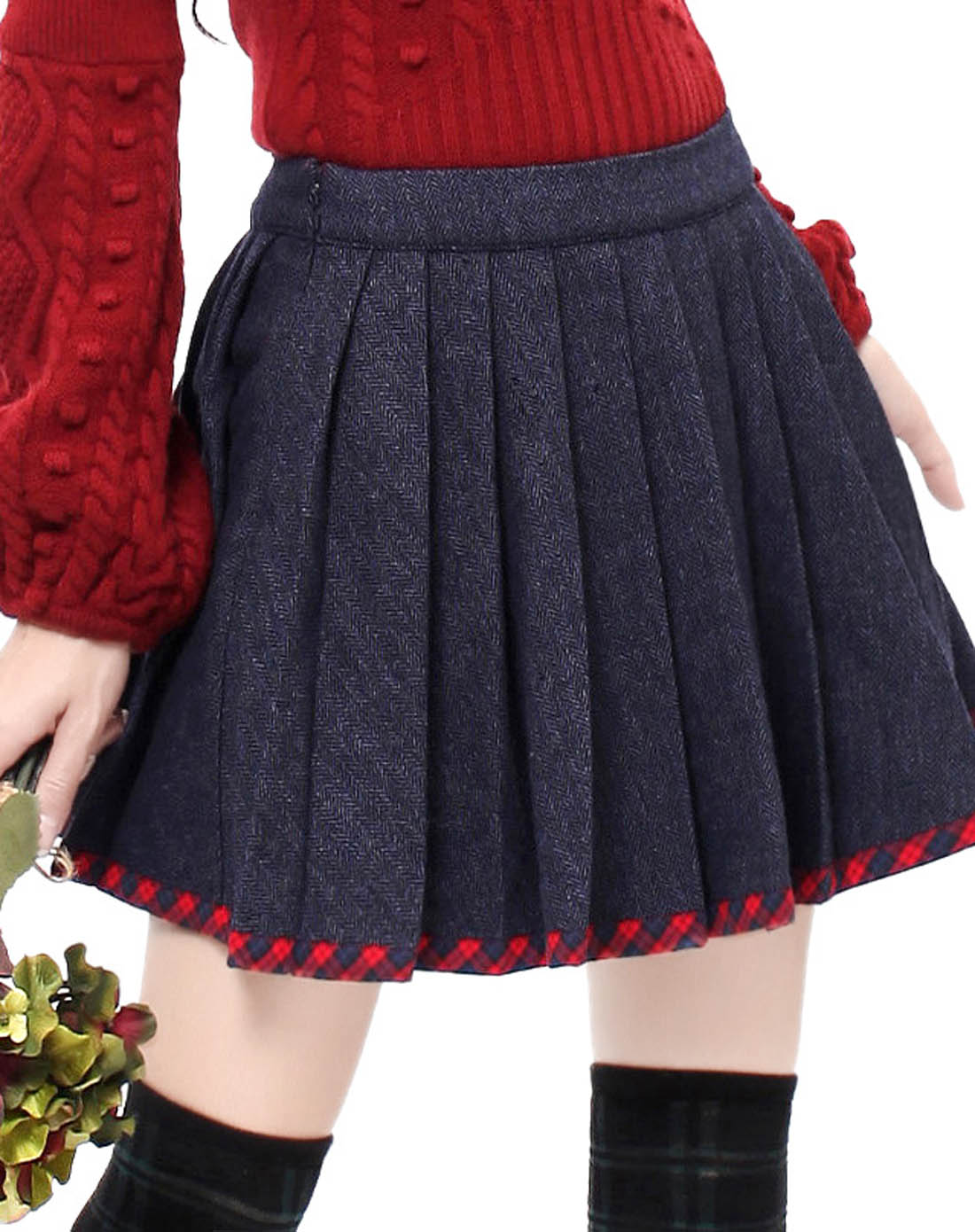 复古百搭塔克褶毛呢半身大摆短裙