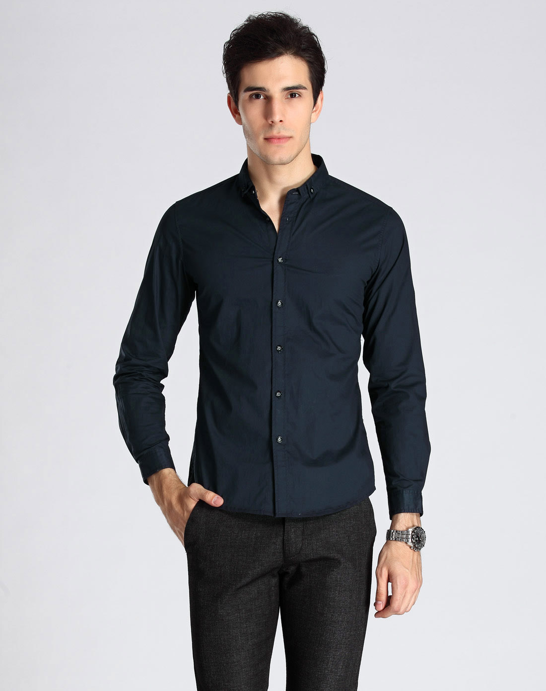 休闲商务纯棉长袖藏青色衬衫