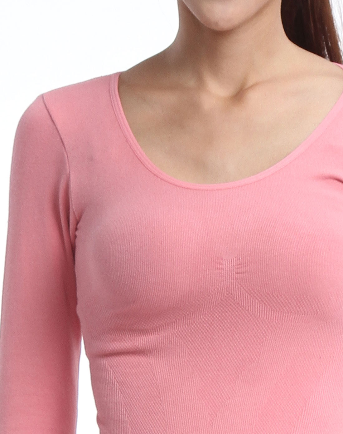 女款柔粉色纤暖美体长袖圆领内衣套装