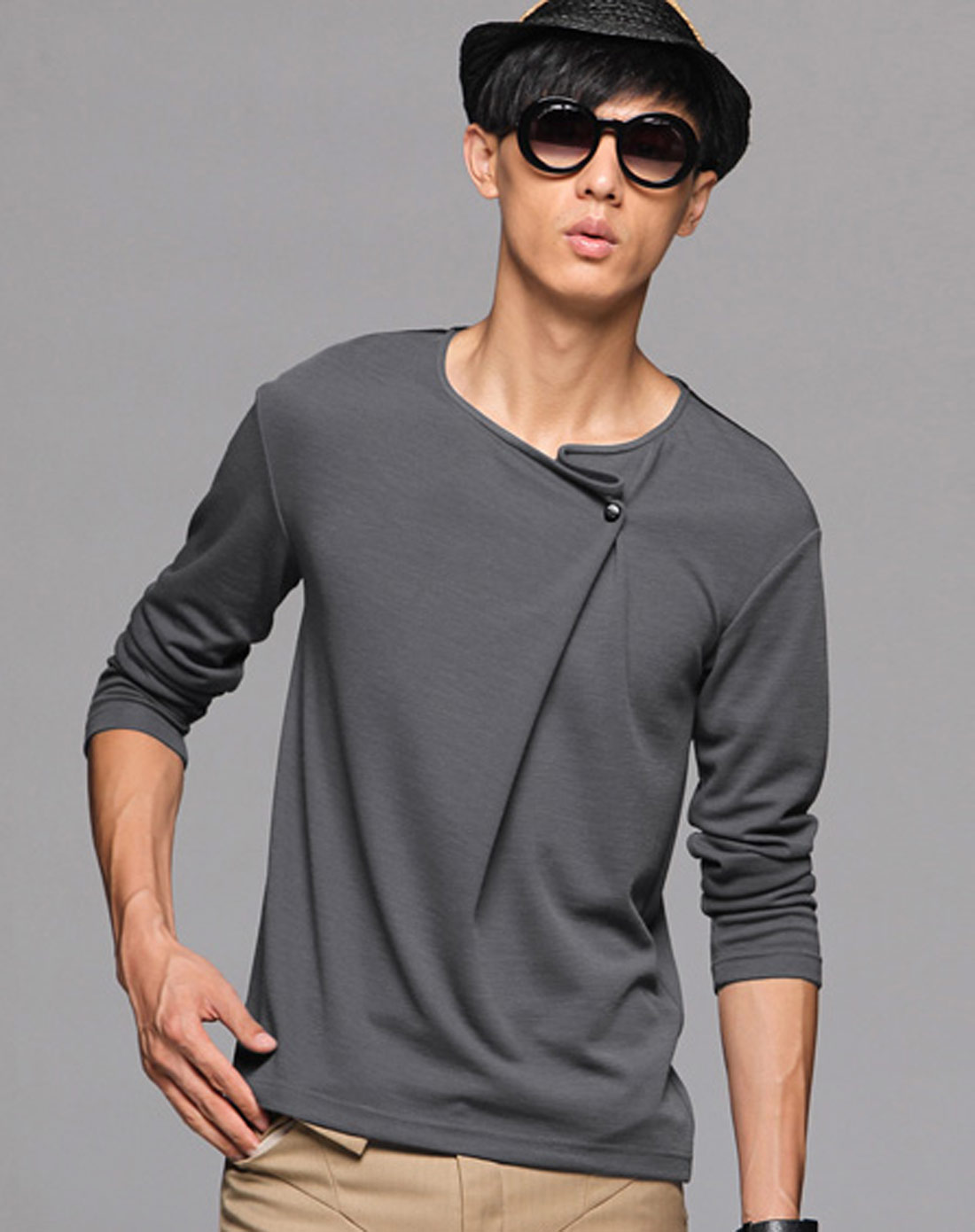 非池中fcz灰色活褶领男士长袖t恤132300150301_唯品会