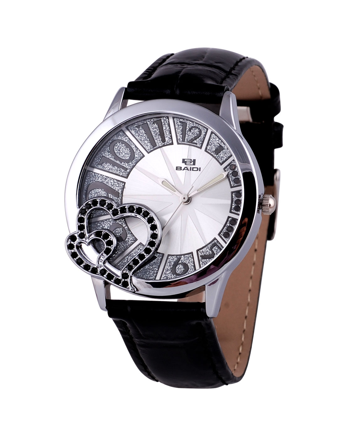 百迪baidi手表专场-女款黑色心形镶钻休闲石英表
