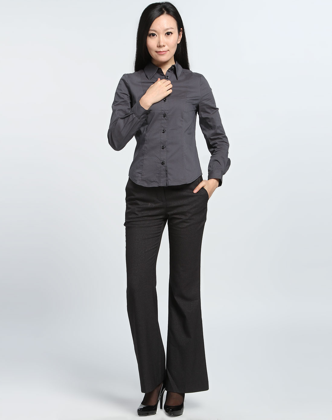 女款深灰色气质长袖衬衫