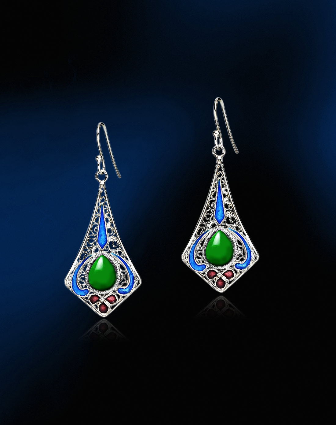燕京八绝 纯手工精制花丝镶嵌烧蓝 绿玛瑙耳环