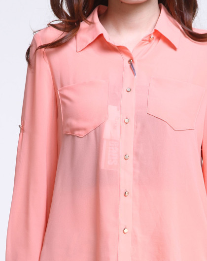 橙粉色简约皱褶雪纺长袖衬衫