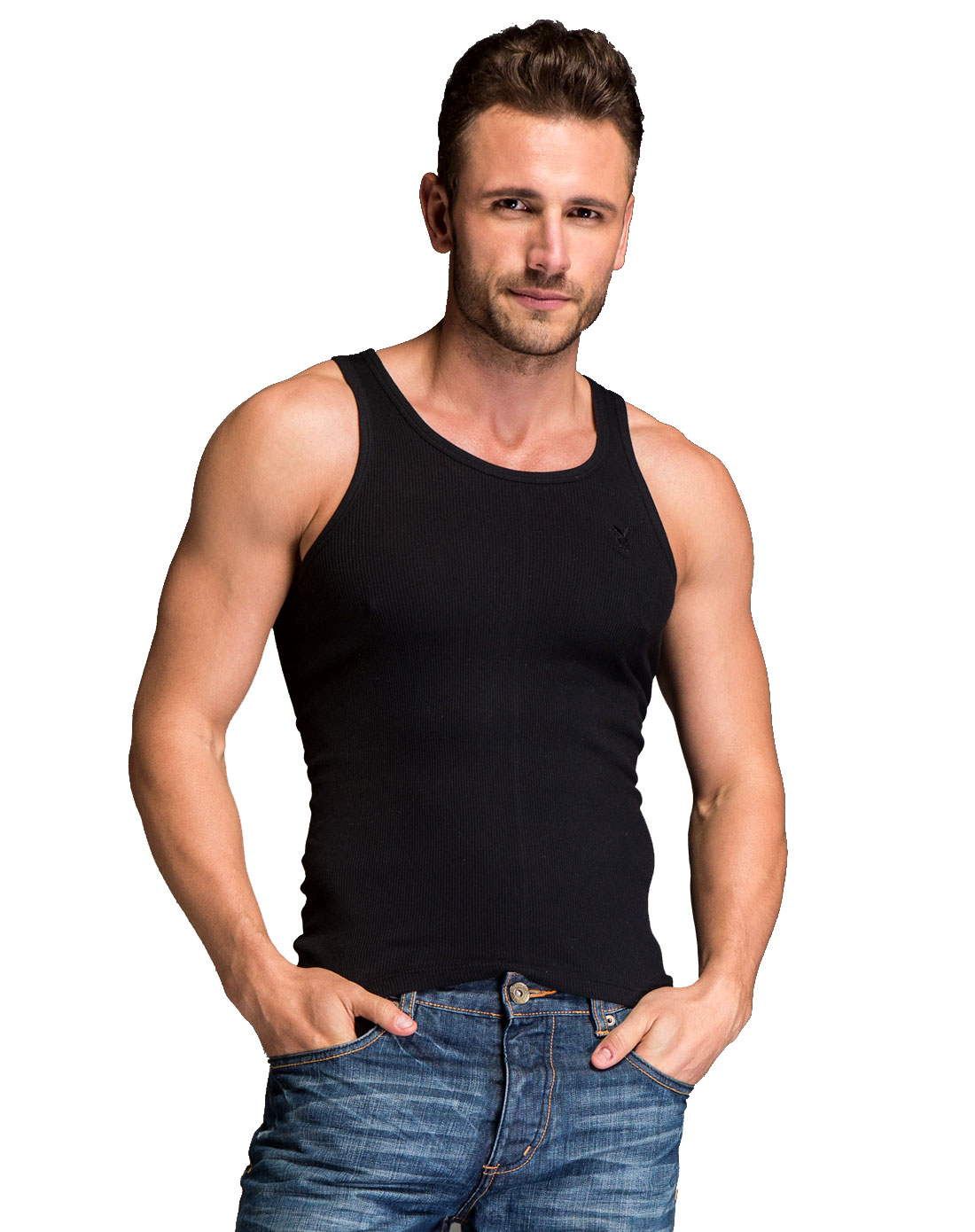 男黑色32s全棉抽条背心