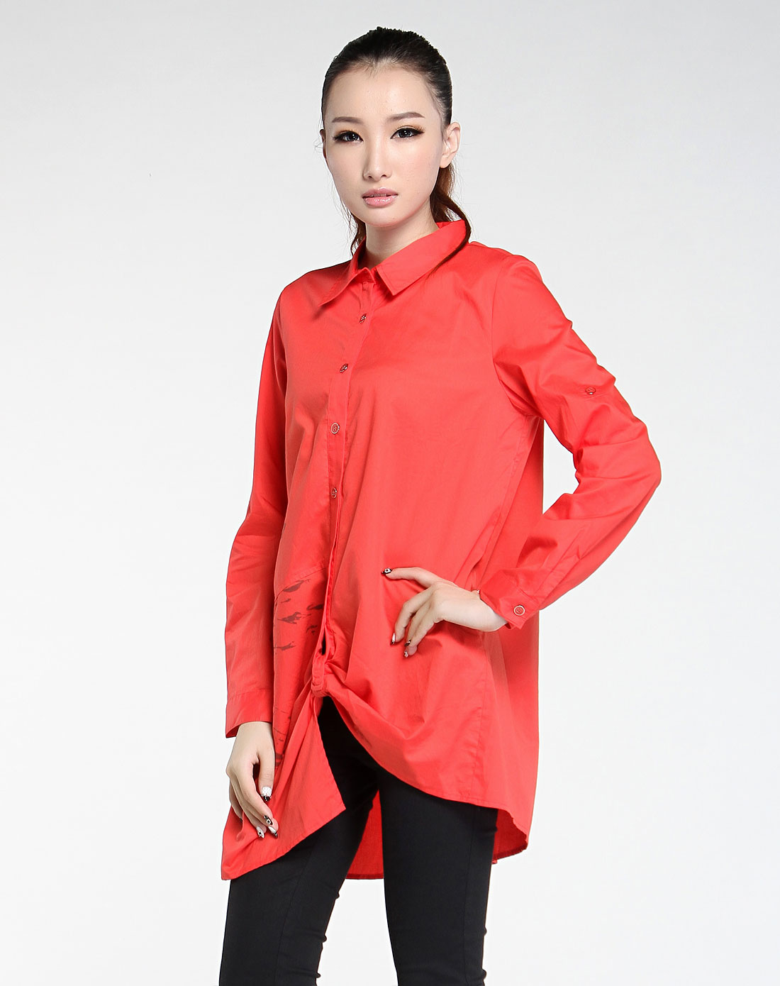 桔红色休闲风格长袖衬衫