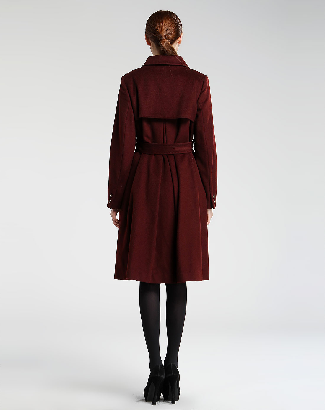 暗酒红色气质翻领长款长袖外套