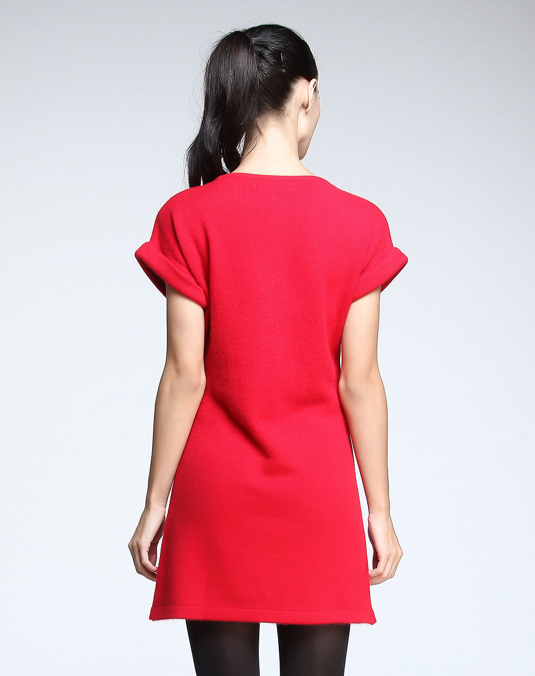 女款深红色短袖100%山羊绒连衣裙