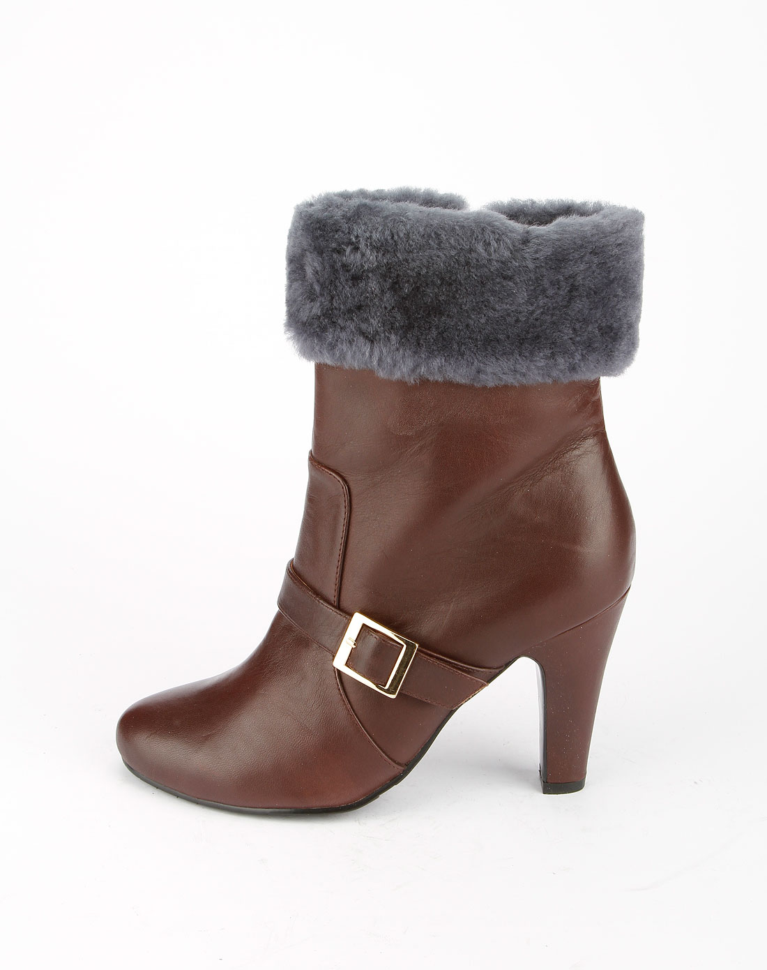 咖啡色打腊牛皮羊毛高跟鞋