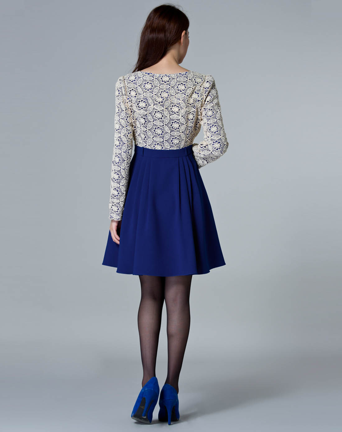 米蓝色长袖知性优雅修身连衣裙