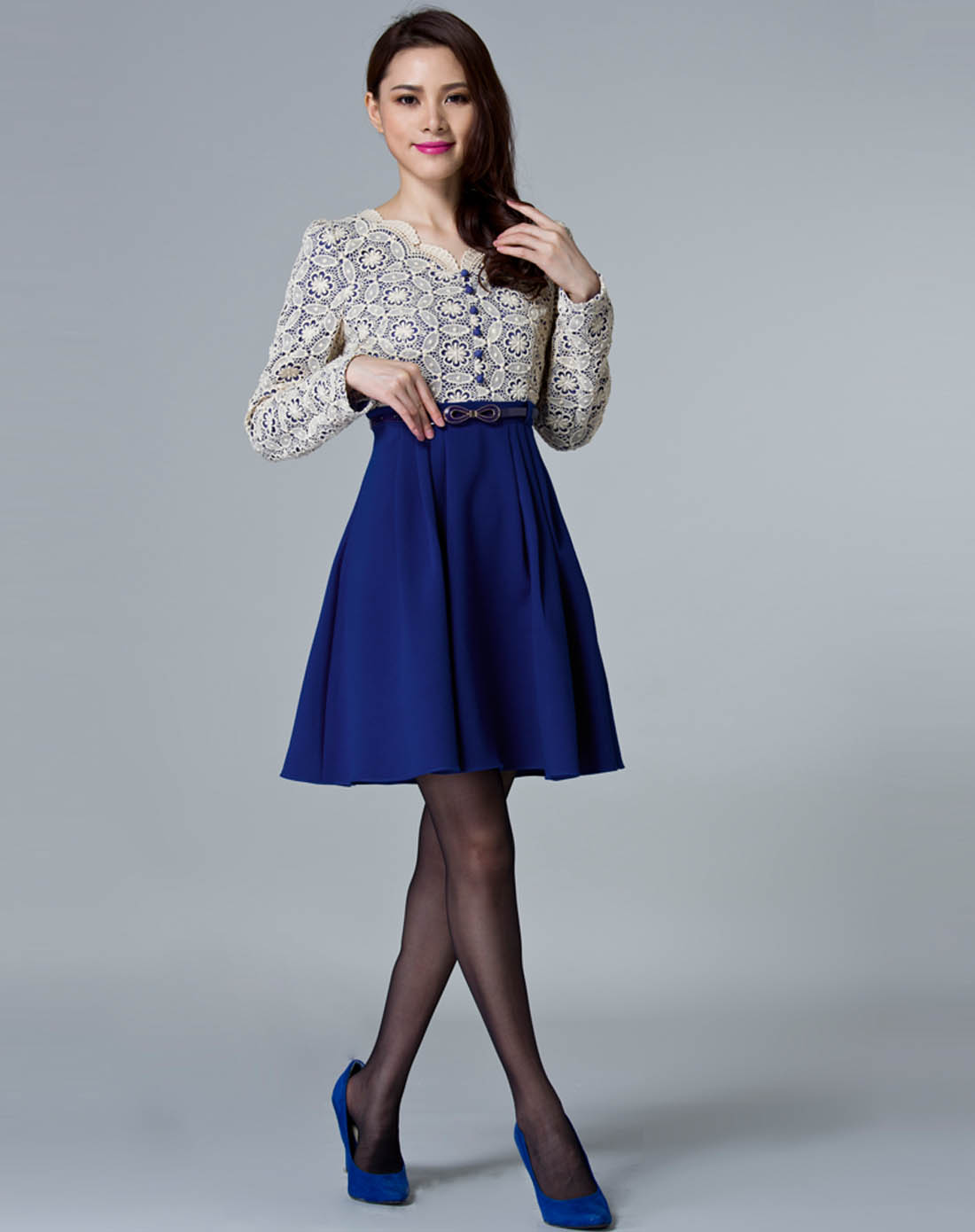 米蓝色长袖知性优雅修身连衣裙