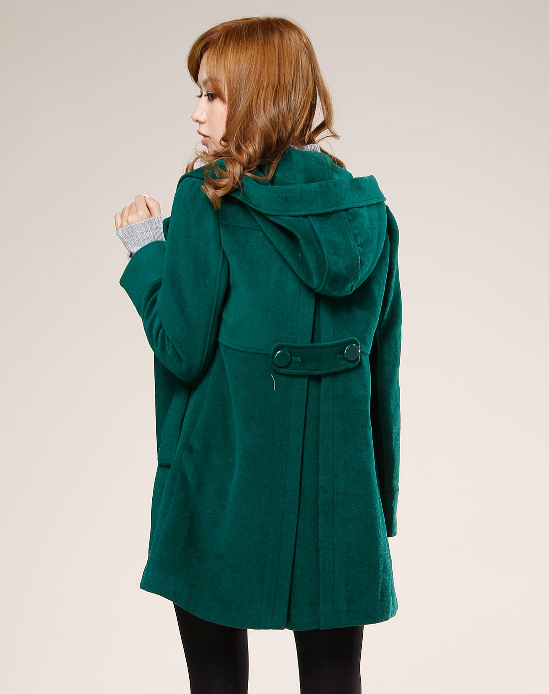 女款墨绿色连帽长袖大衣