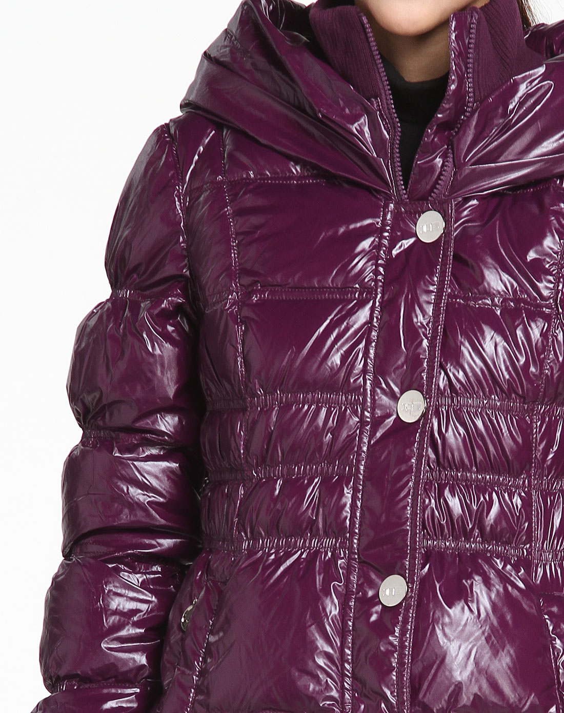 女款深紫色亮面长袖羽绒服