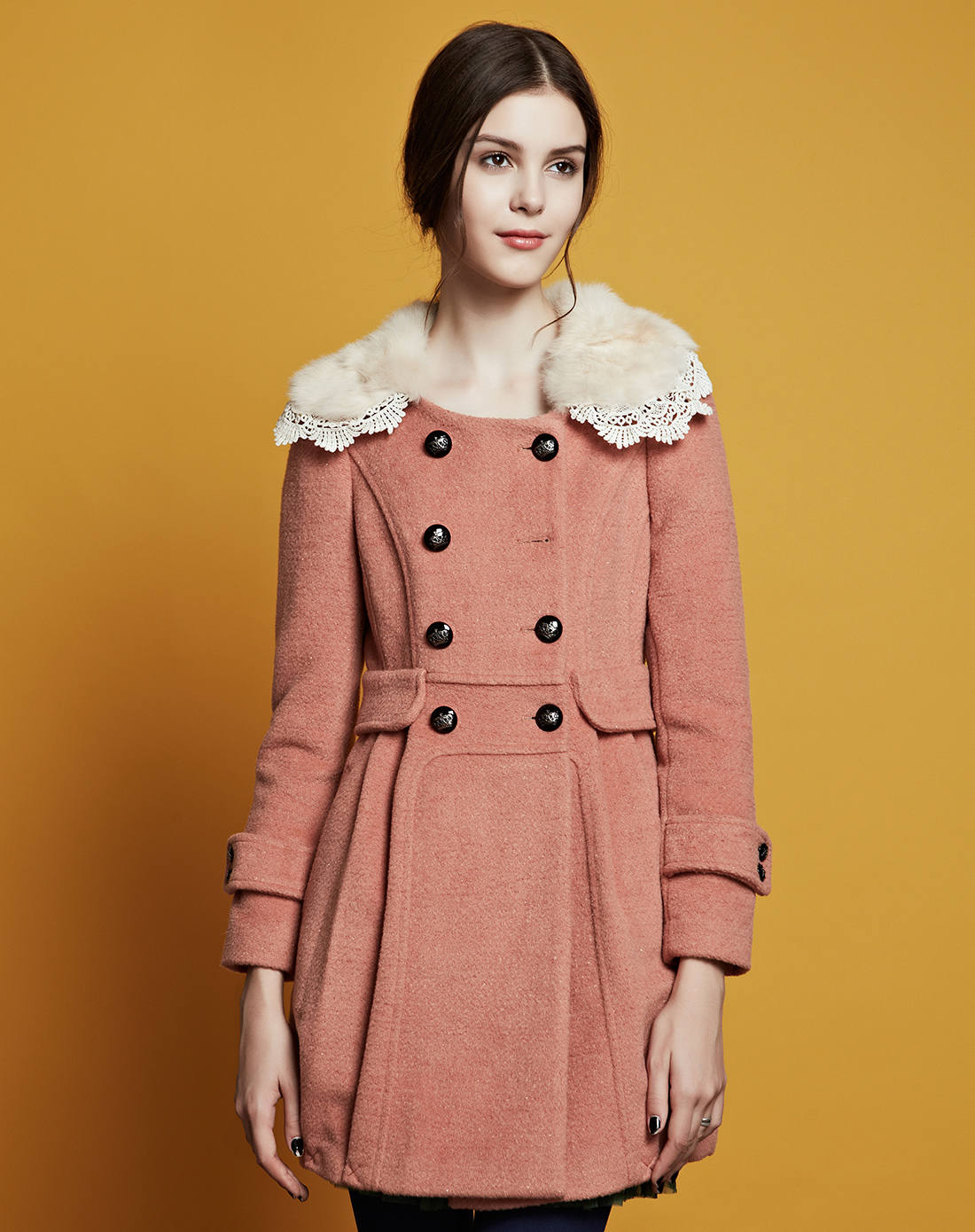 暗粉色淑女修身优雅长袖大衣