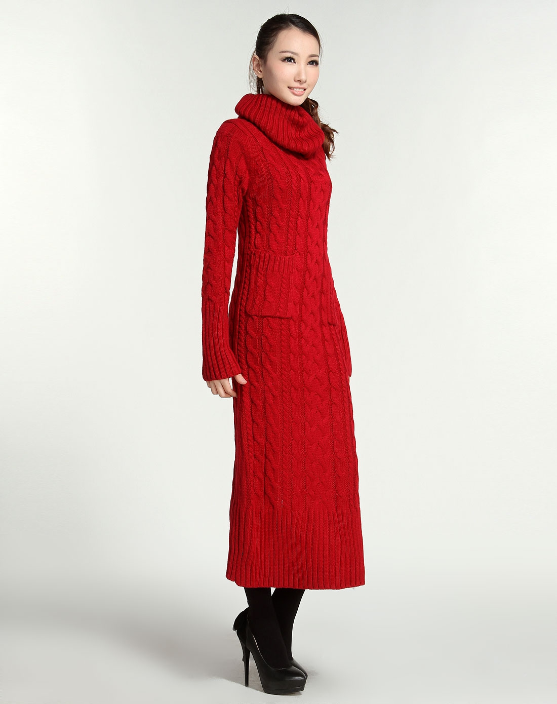 麻花提花深红色高领长袖针织连衣裙