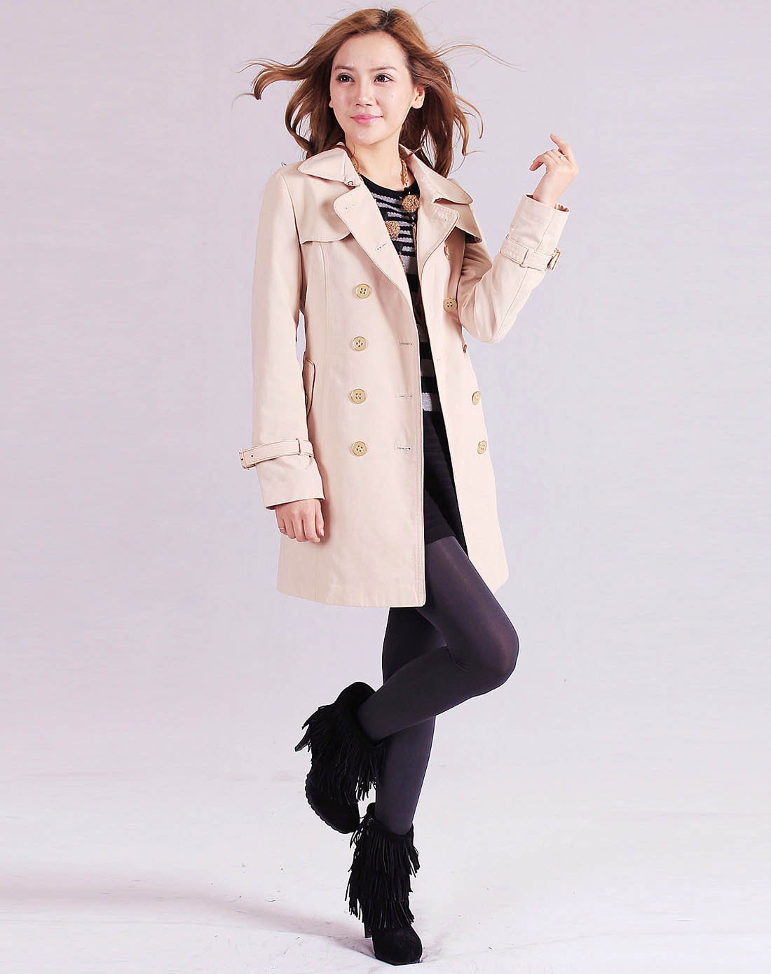 米色淑女气质长款长袖风衣