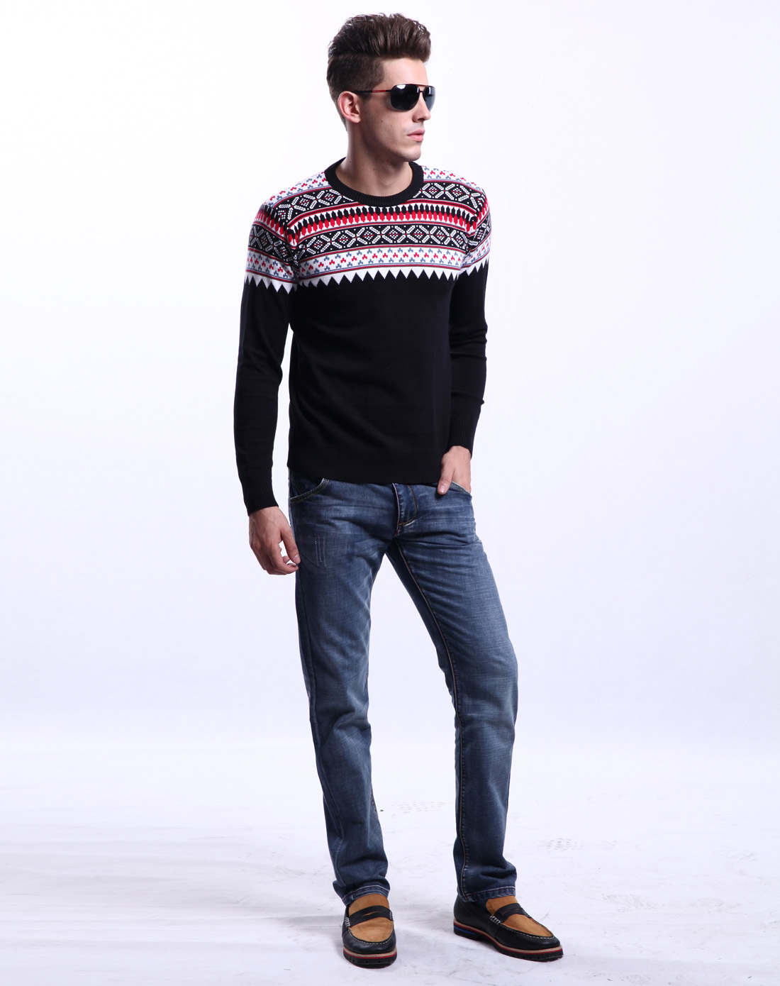 no1dara黑色提花圆领潮男长袖针织衫my506002_唯品会